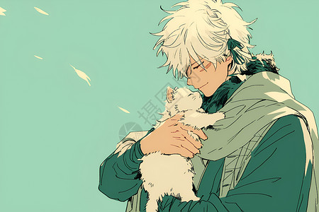 抚养男孩抱着白色的猫咪插画