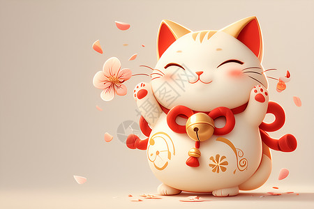 红铃铛猫迷人的招财猫插画