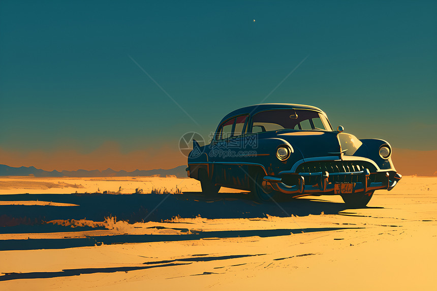 沙漠公路上的复古蓝色汽车图片