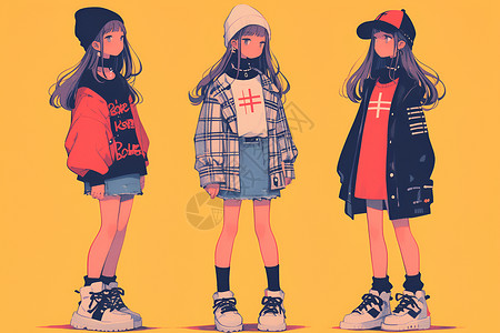 日系青春女孩可爱姿势时尚少女们的风格对比插画