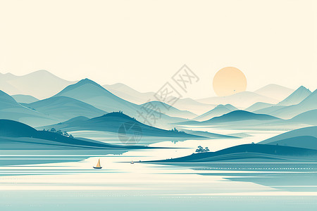 鲜艳的小船河流两岸的山脉插画