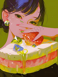 美妆少女与水果草莓蛋糕与青春少女插画