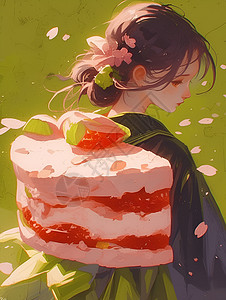 少女和水草莓蛋糕和水女插画