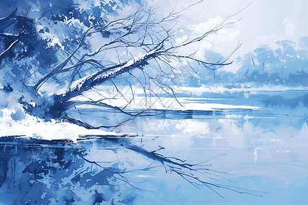 冰封湖面冰湖映照着的树枝插画