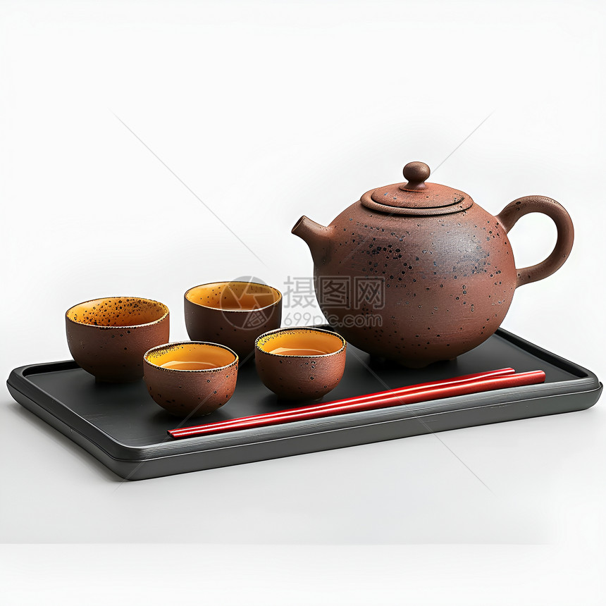 红木托盘上的茶具图片