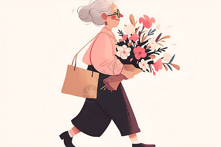 拿花束老人可爱奶奶拿着花束插画