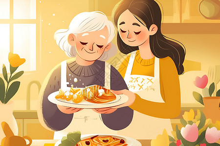 端着盘子的母亲端着食物的祖孙插画