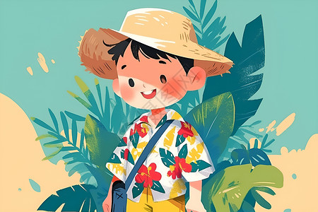 插画树丛海滩上穿着花衬衫的男孩插画