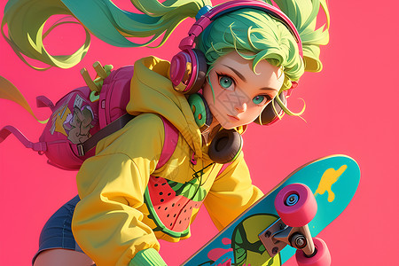 耳机背包酷酷的滑板少女插画