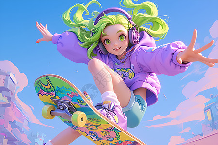 女孩滑板活泼的滑板少女插画