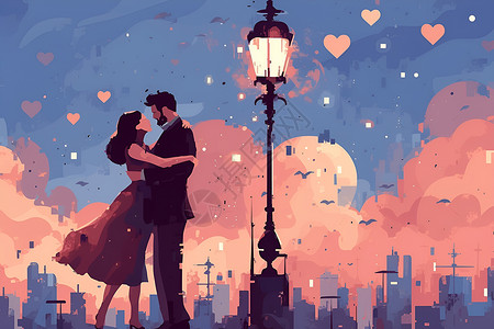 晚上的路灯城市夜晚下的浪漫情侣插画