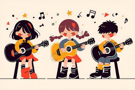 街头乐队欢乐共奏的童声合唱插画