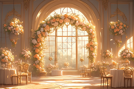 展台布置浪漫婚礼中的鲜花插画