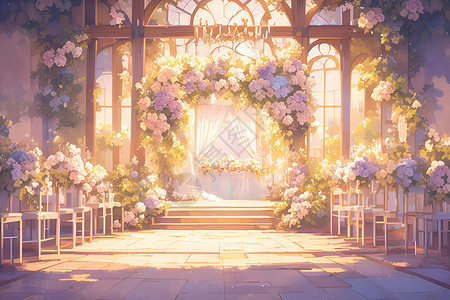 婚礼场地布置浪漫花海中的婚礼插画