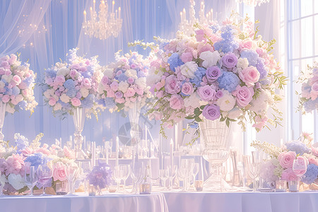 粉色婚礼展板梦幻婚礼中绽放的鲜花插画
