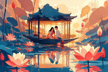 李中水上森林公园水上船中的情侣插画
