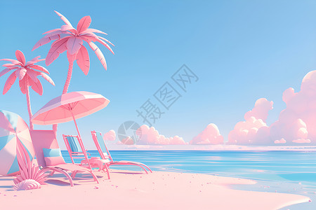 热带棕榈树唯美的夏日沙滩插画