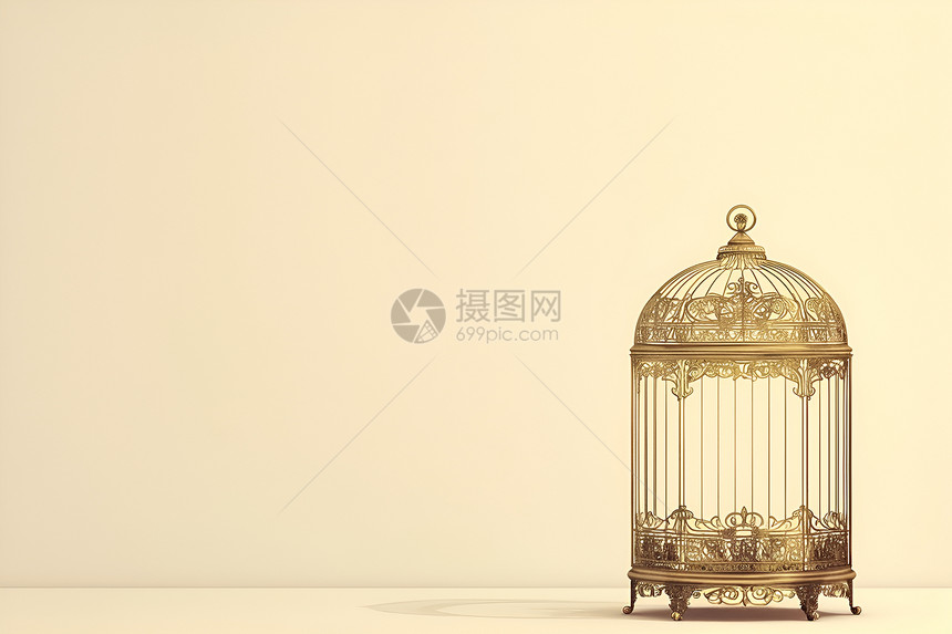 金色鸟笼的纯白背景下图片
