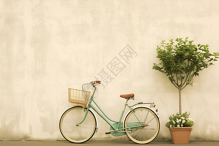 自行车停放墙边停放的绿色自行车插画