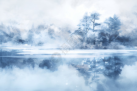冰封湖面森林里的冰湖插画
