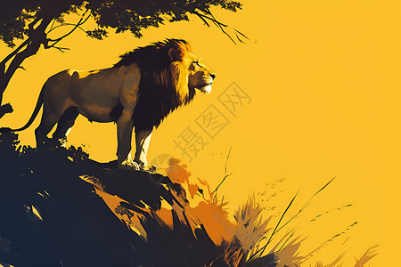 黄色岩石体格雄健的狮子插画