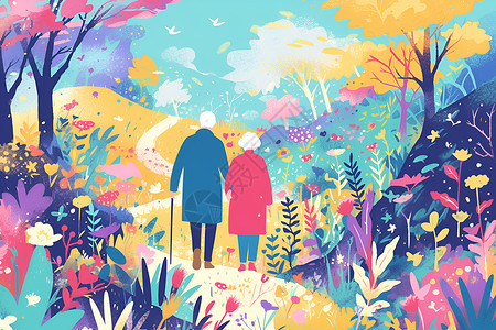 老年夫妻旅行丛林漫步的夫妇插画
