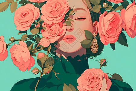 玫瑰红糖玫瑰花和女人插画