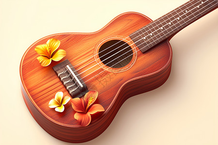 吉他琴弦尤克里里上面的花朵插画