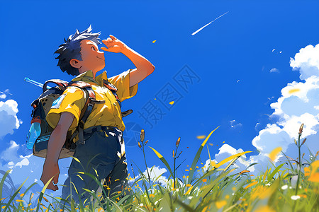 草帽小朋友草地上背着书包的男孩插画