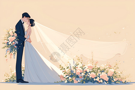 军装婚礼新郎和长头纱的新娘插画