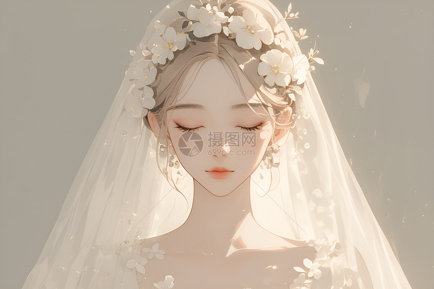 优雅的新娘戴着花冠穿着白色婚纱图片