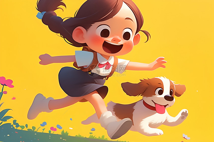 欢愉奔跑的女孩和狗狗图片