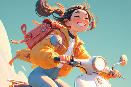 骑车女子骑着电动车的卡通女孩插画