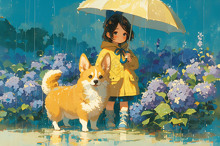 雨中的孩子和狗狗图片