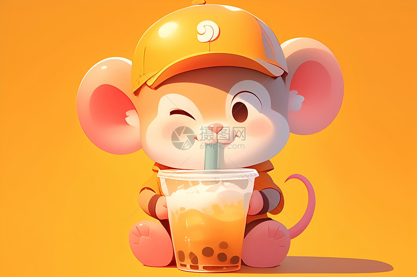 可爱卡通小老鼠喝奶茶图片