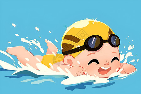 可爱宝宝过生日卡通婴儿在水中游泳插画