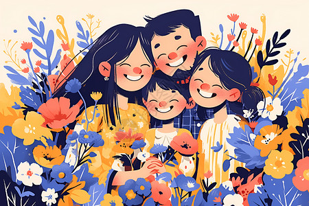 相亲相爱的一家人花海中的幸福家庭插画