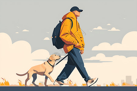 男子遛狗的简洁插画背景图片