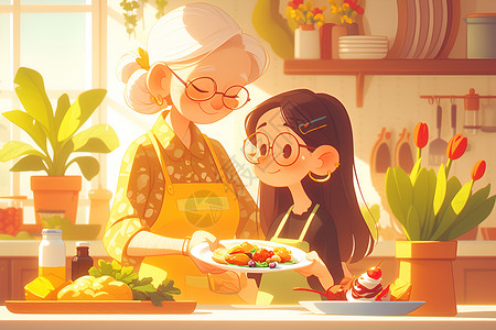 老年妇女和她的孙女在厨房忙碌高清图片
