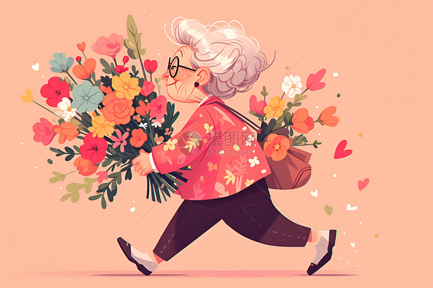 可爱的奶奶拿着一束花图片