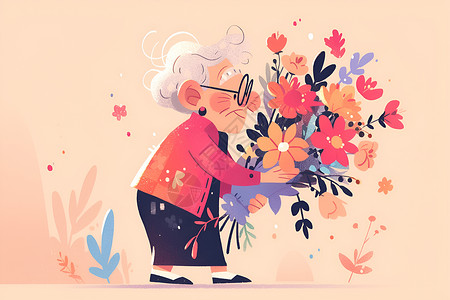 拿花束老人抱着鲜花的老人插画