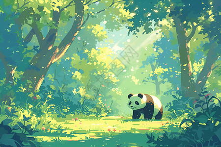 可爱熊猫笔森林里的熊猫插画