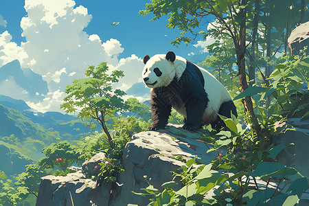大熊猫玩耍森林的背景下的熊猫插画
