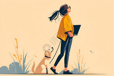 女孩遛狗散步的插画高清图片