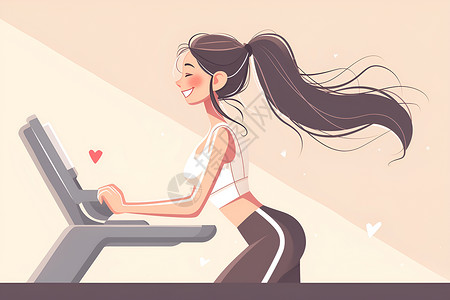 在健身房小女孩在跑步机上运动插画