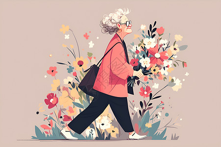 花间漫步的奶奶高清图片