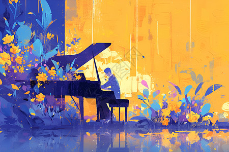 音乐旋律鲜花中的钢琴奇迹插画