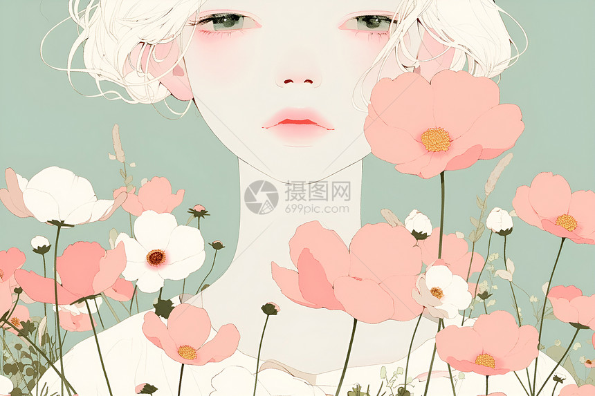 梦幻少女与美丽花朵图片