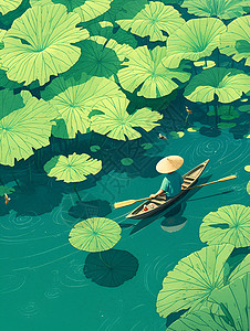 夏的荷花池小船插画高清图片