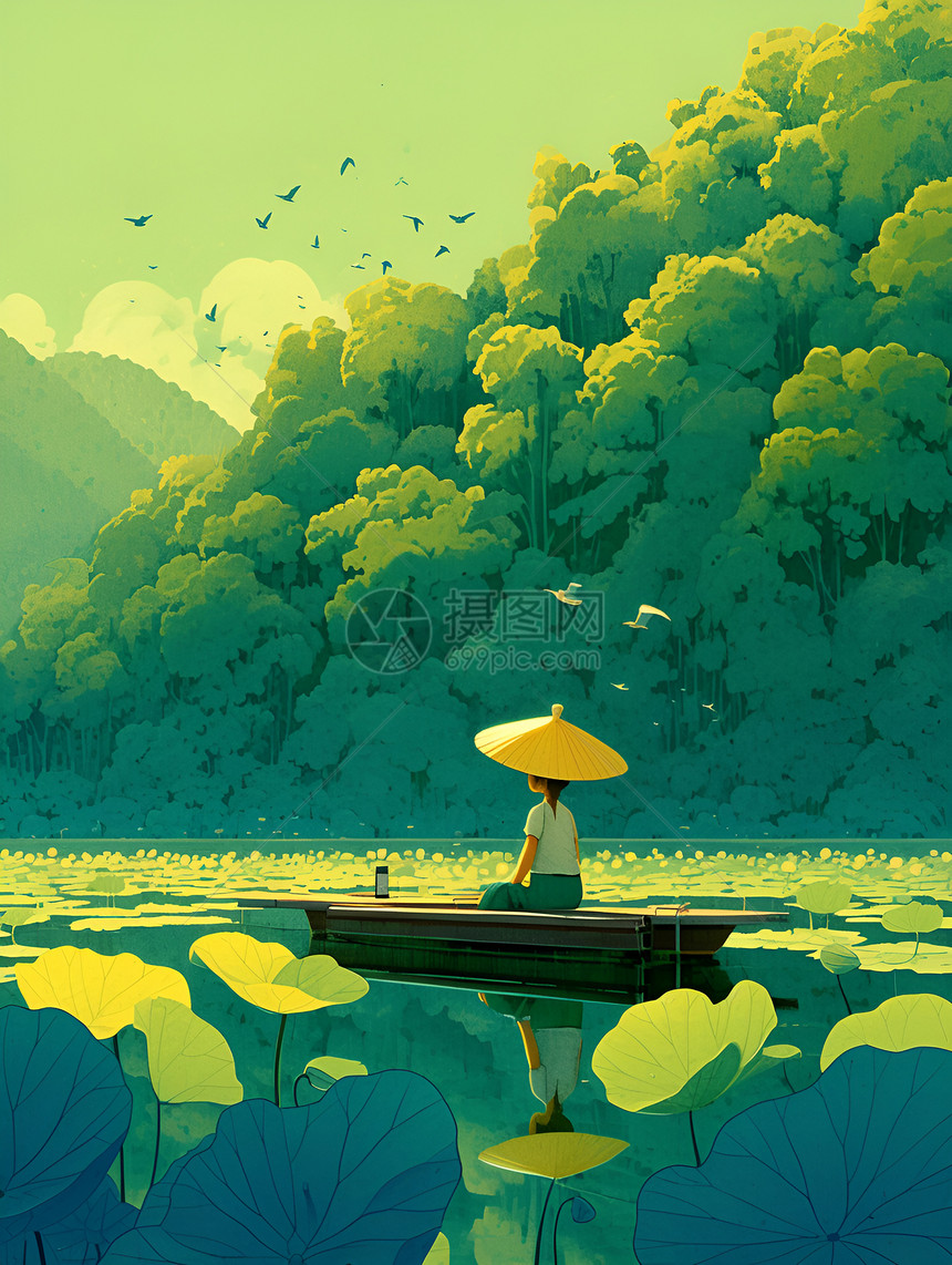 夏日湖畔竹筏插画图片